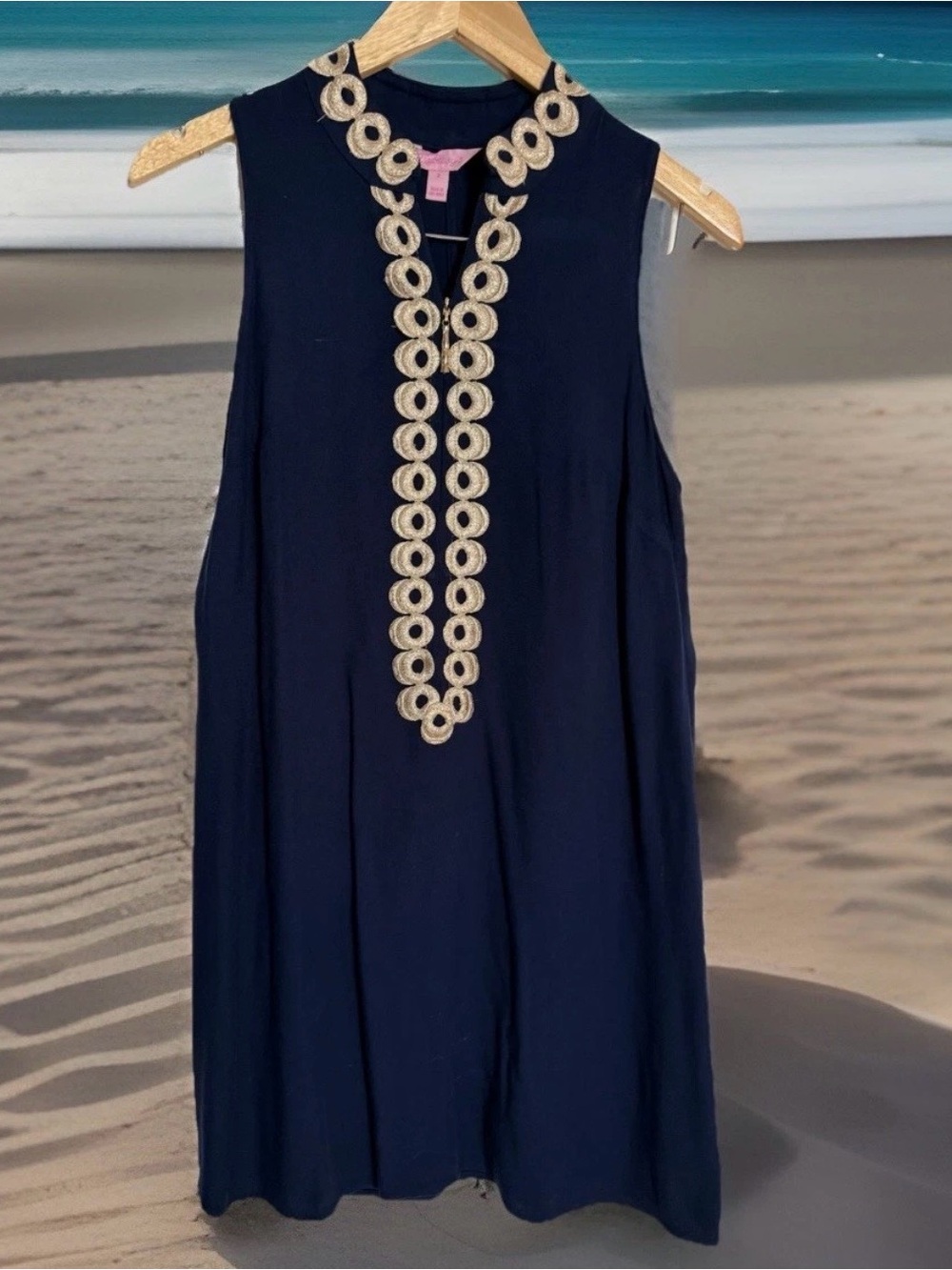 Lilly Pulitzer Jane Shift Dress Sz 2 True Navy Blue Gold Circle Appliqué EUC